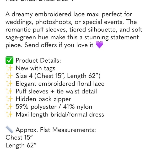 New BHLDN Anthropologie Sage Green Lace Embroidered Maxi Bridal Dress Size 4 - Picture 9 of 12